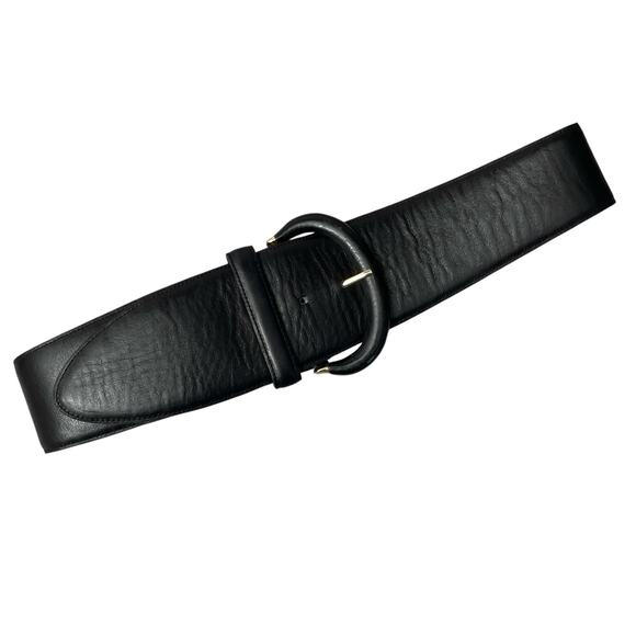 Vtg Avignon Leather Waist Belt Womens Small Black Brass Buckle Wide Taper Spain - Picture 1 of 10